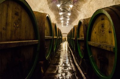 Подвалы с бочками на заводе Pilsner Urquell